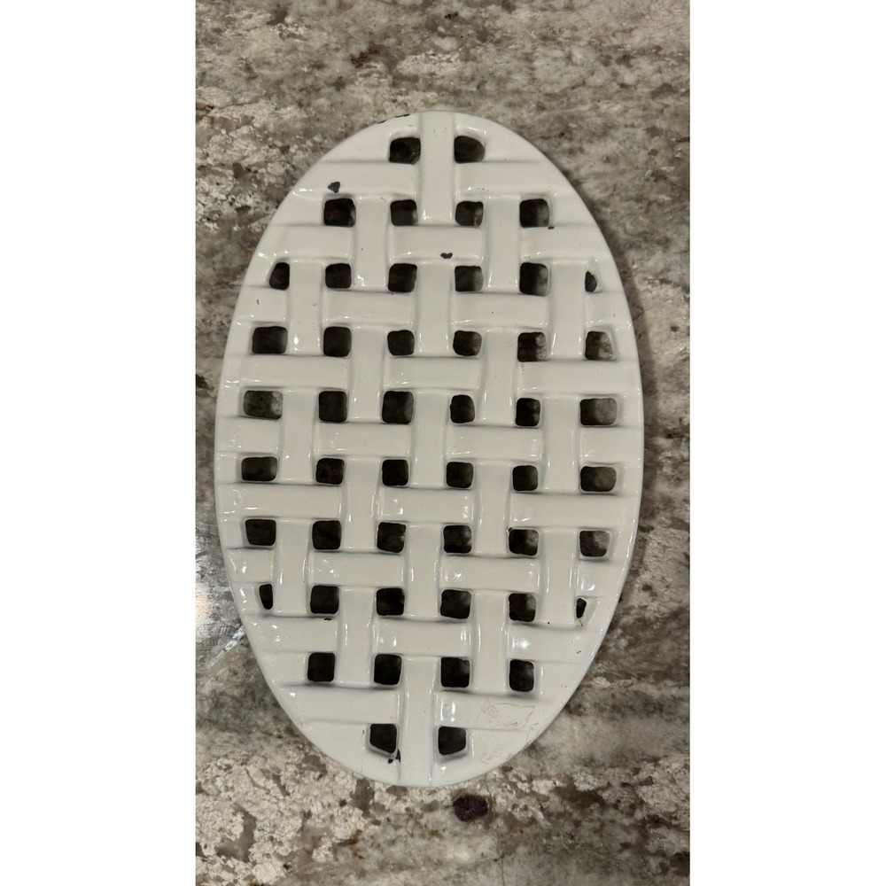 Vintage ODT 1994 White Enamel Cast Iron Lattice Weave Oval Trivet with Feet